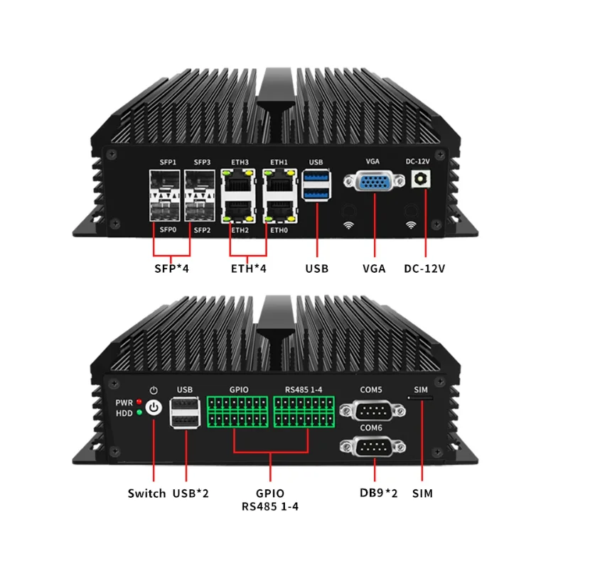 Topton Firewall senza ventola 4x10G SFP + 4xi226-V 2,5G LAN Intel Atom C3758 Server domestico a 8 core Router morbido Mini PC GPIO 6 * COM AES-NI
