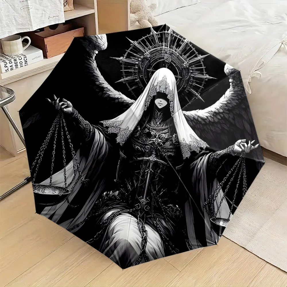 1PC Gothic Angelic Umbrella with Scales of Justice Design Print 8 Iron Ribs Folding Umbrella Auto-Open Fashion Sunshade
