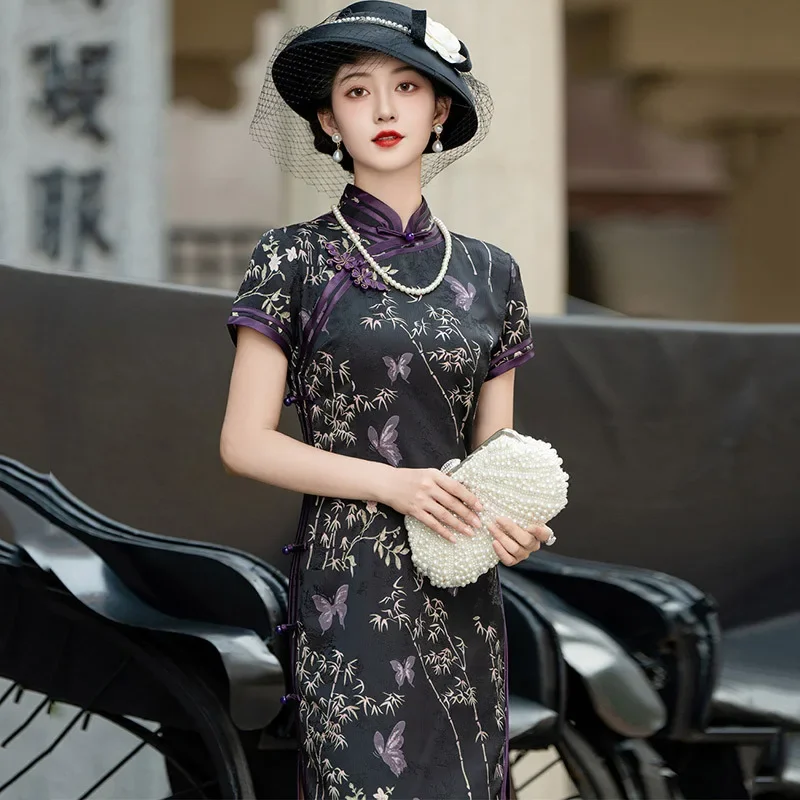 

Черное женское платье Cheongsam в китайском традиционном стиле с коротким рукавом, новое улучшенное женское платье Ципао с воротником-стойкой и принтом бабочки