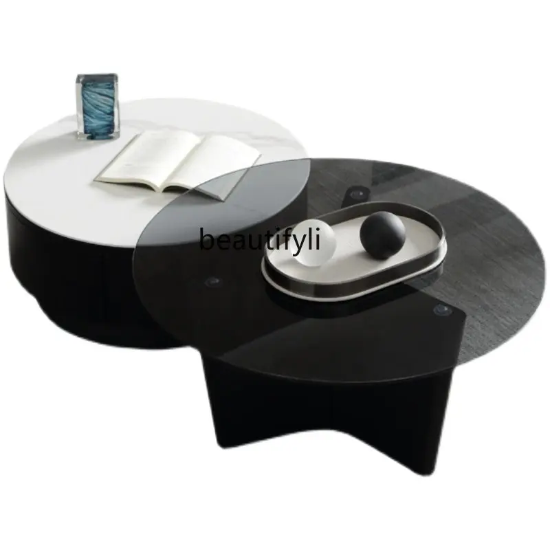 

zq round Stone Plate Coffee Table Tempered Glass Combination Simple Modern Size round Living Room Home Tea Table