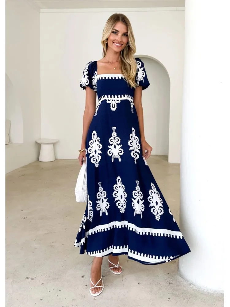 Fashion Boho Dress Lady Casual Print Short Sleeve High Waist Loose Dresses For Women Holiday Beach Skirt Womens Clothing Summer