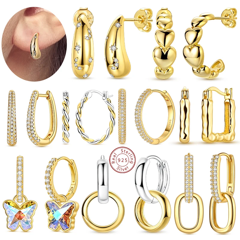 

Original 925 Sterling Silver Hoop Earrings Gold Heart Bow U-Shaped Sparkling Earrings for Women Girl Party Wedding Jewelry Gifts