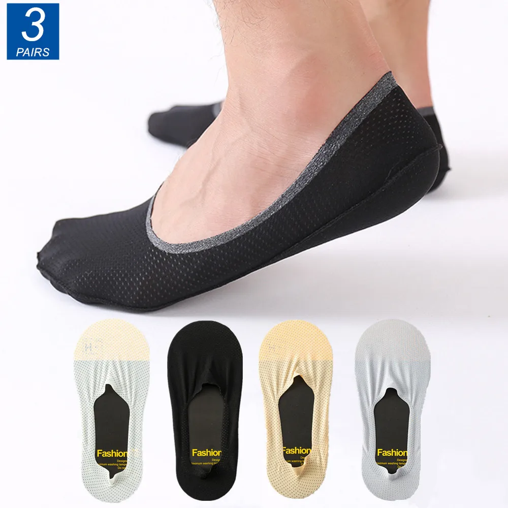 3 Pairs Summer Ice Silk Men Invisible Socks No Show Silicone Non-slip Low Cut Breathable Mesh Socks Slippers COTTON BOTTOM