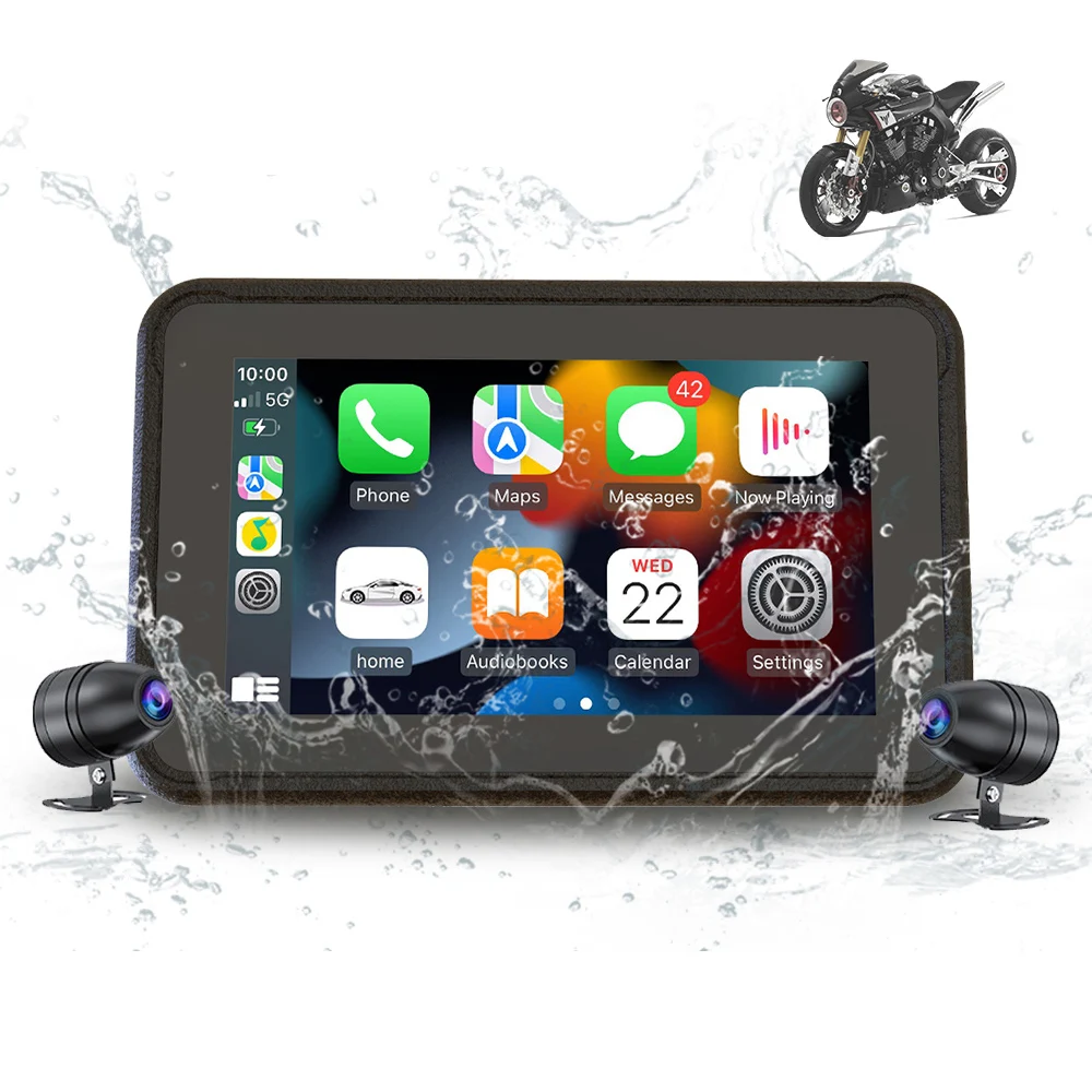 Dual 1080p HD Cameras Motor DVR 5 Inch Motorcycle Wireless Carplay And Android Auto Waterproof   Screen