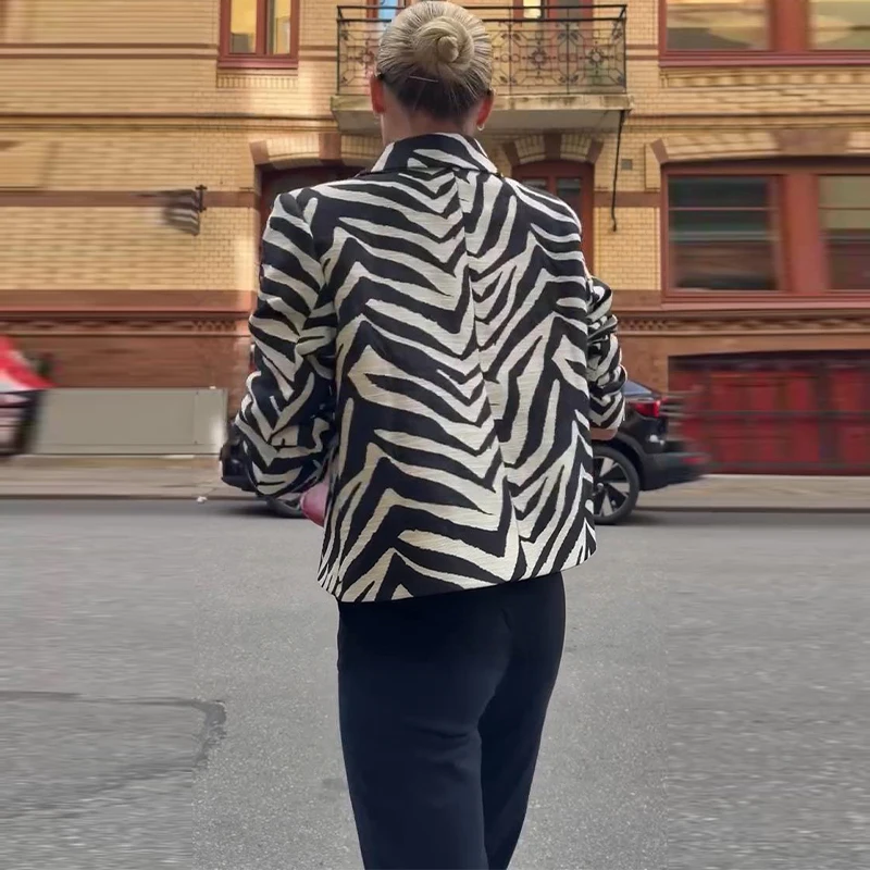 Damen-Crop-Mäntel, Zebra-Muster, Revers, Langarmjacken, Herbst, Damen, einreihig, mit Einsätzen, schmale Jacke, neue Oberbekleidung – Detail 10