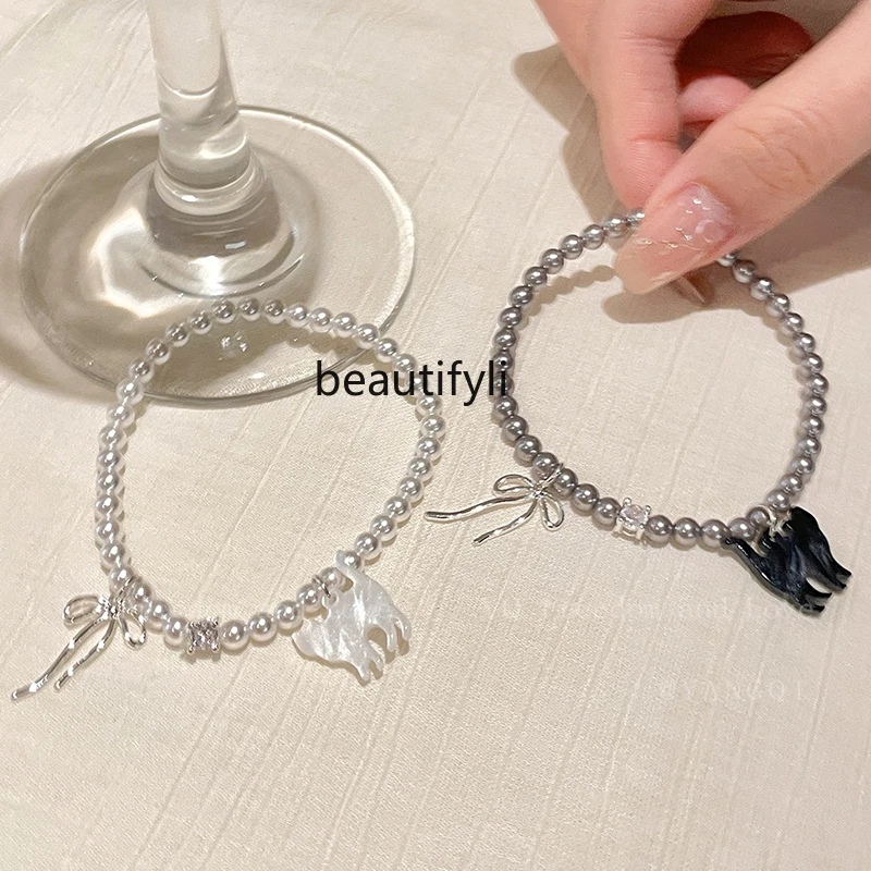 Cute Cat Ribbon Bowknot Stringed Pearls Bracelet French Entry Lux Minority Fashion Elegant Bracelet