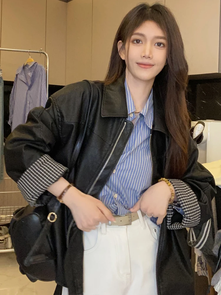 

Korean Sle Color Blo Faion Slimming Leather Jaet Women's Spring 2025 Loose Long Sve Top Ele Commute Sle