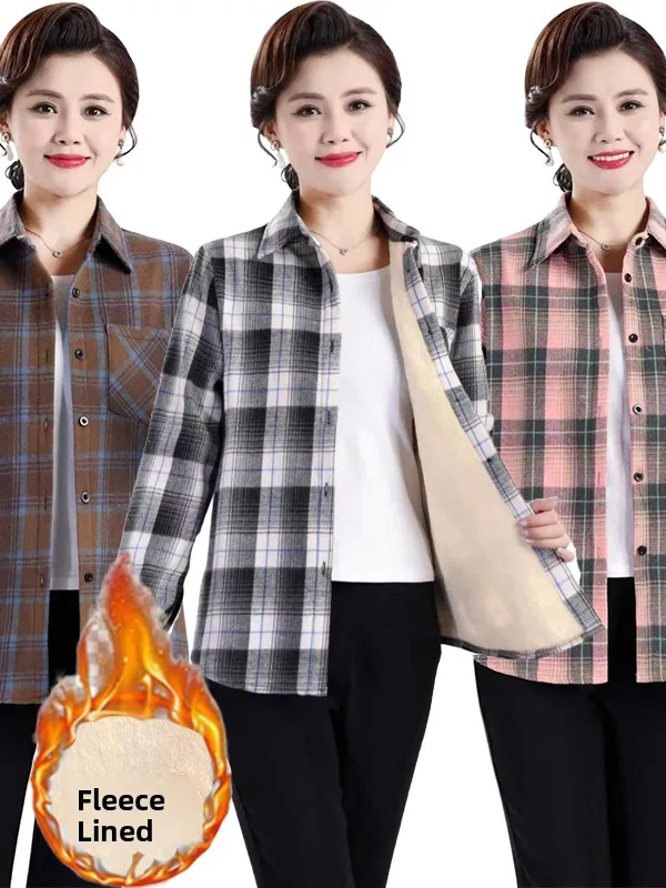 

Thiened Fce Long Sve Plaid irt Women's Autumn Winter Warm Outerwear Loose Fit Stand Size Casual Sle Polyester ...