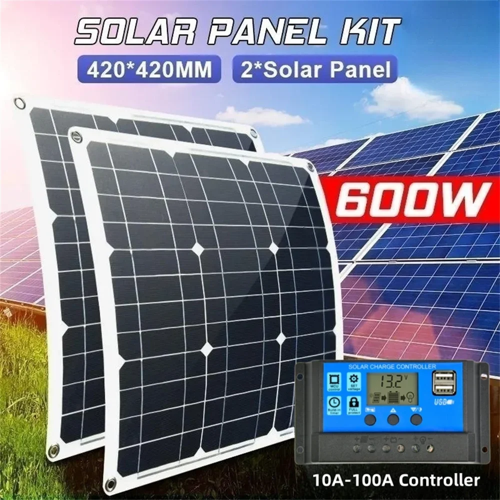 600W Solar Panel 12V Solar Cell 100A Controller Solar Panel for Phone RV Car MP3 PAD Charger Outdoor Battery Supply Camping