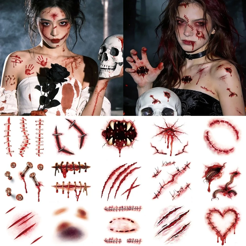 15 Blatt 3D Realistische Narben-Tattoos Wasserfeste Fake-Blutwunden-Aufkleber für Halloween Cosplay Körper-Make-up Erwachsene ​ ​ Gesichtstattoo – Detail 6