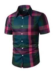 Camisa de manga curta de lapela xadrez para homens, roupa multicolor outdoor street, estilista impresso, camisa de lazer