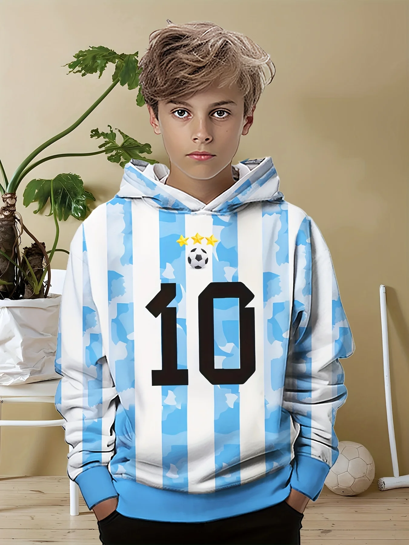 

2025 New fashionable children's casual hoodie, 3D printed football style jersey size 10 pattern, daily wear, fashionable trend