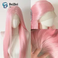 Pelucas delanteras de encaje rosa brillante 13*4, pelucas sintéticas largas y rectas sin pegamento, fibra rosa resistente al calor para mujeres, uso de Cosplay de 26 pulgadas