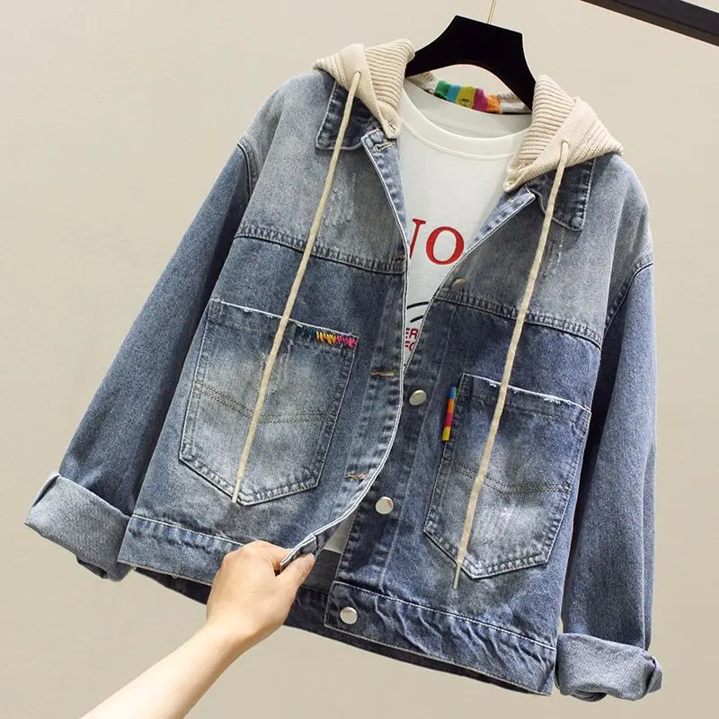 Knitted Hooded Patchwork Denim Jacket for Women Fake Two Pieces Casual Vintage Outwear Fashion Single Breasted Korean Y2k Coats