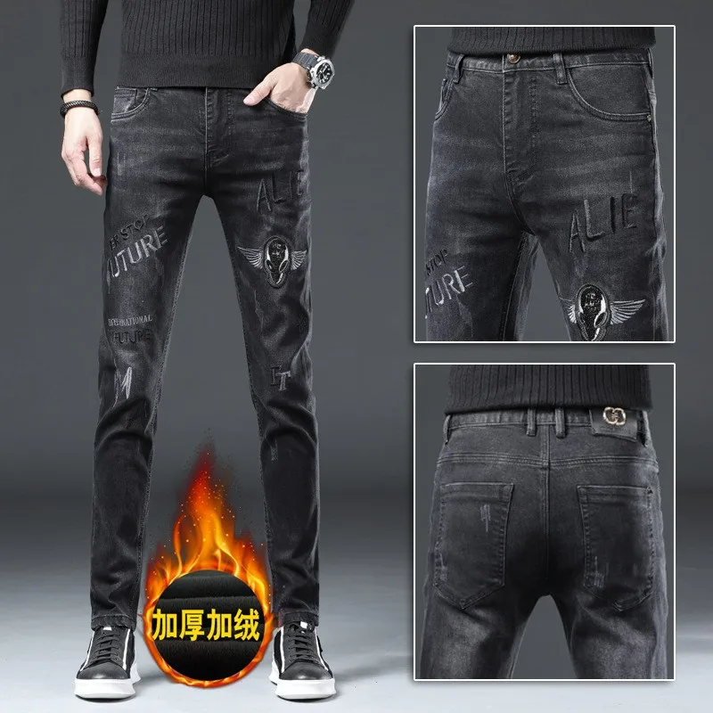 Velvet thickened high-end fashion classic printing black stretch jeans men's high-quality Slim stretch luxury denim pants