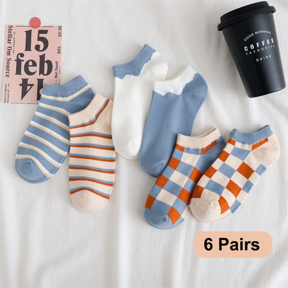 6 Pairs/Lot Women's Short Socks Spring Summer Blue Stripe Lattice Thin Women's Boat Socks Plaid Socks LowTube Socks