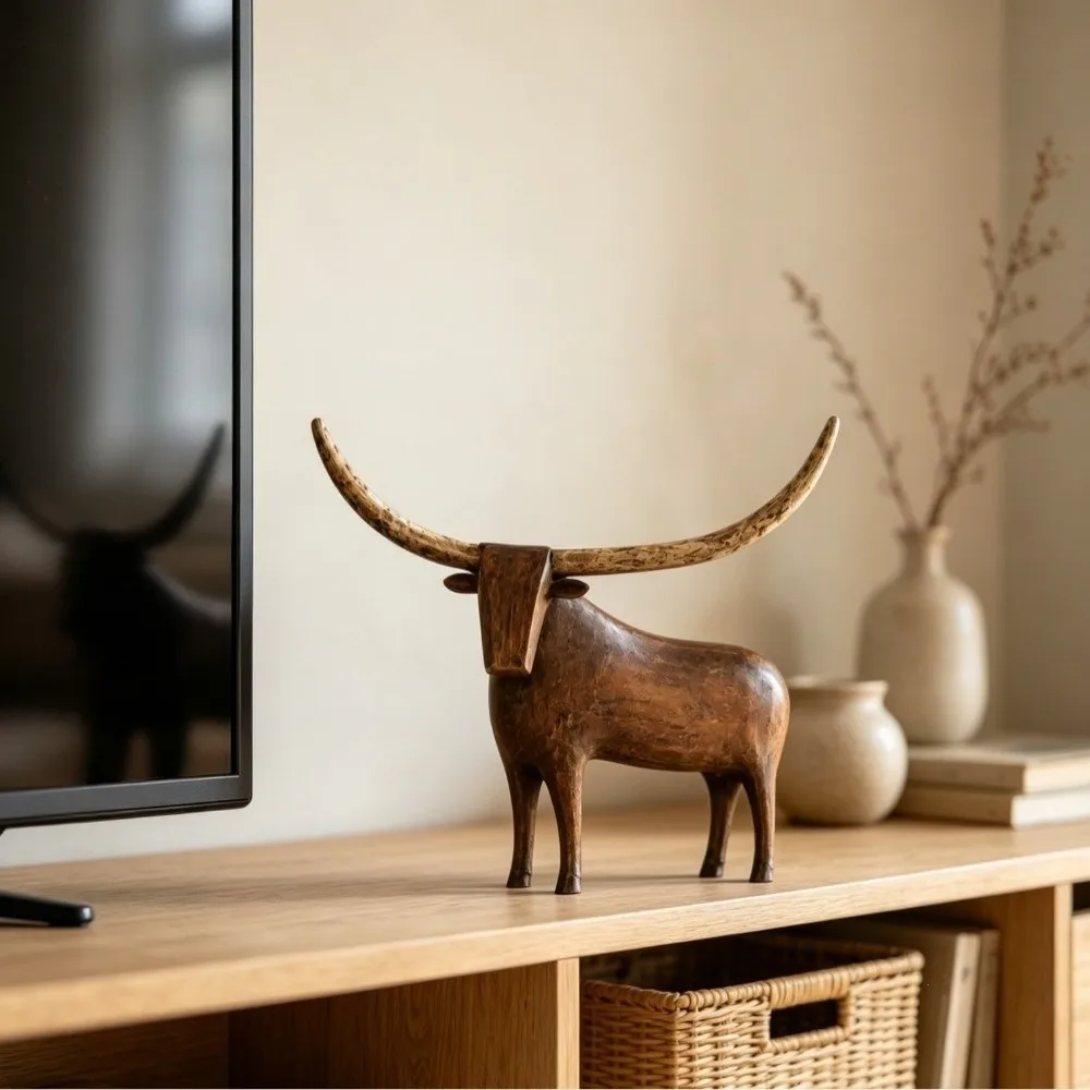 Vintage Style Longhorn Bull Sculpture Western Style Rugged Resin Bull Tabletop Statue Handcrafted Rustic Distressed Animal Decor