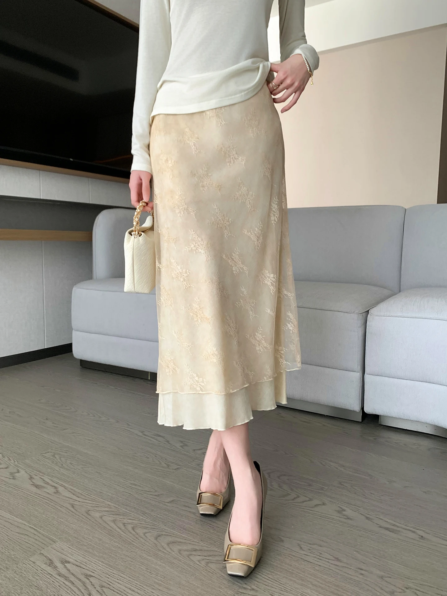 

Женская модная юбка А-силуэта с вышивкой и кружевом, с завышенной талией, весна 2026, новая коллекция, светло-желтый цвет