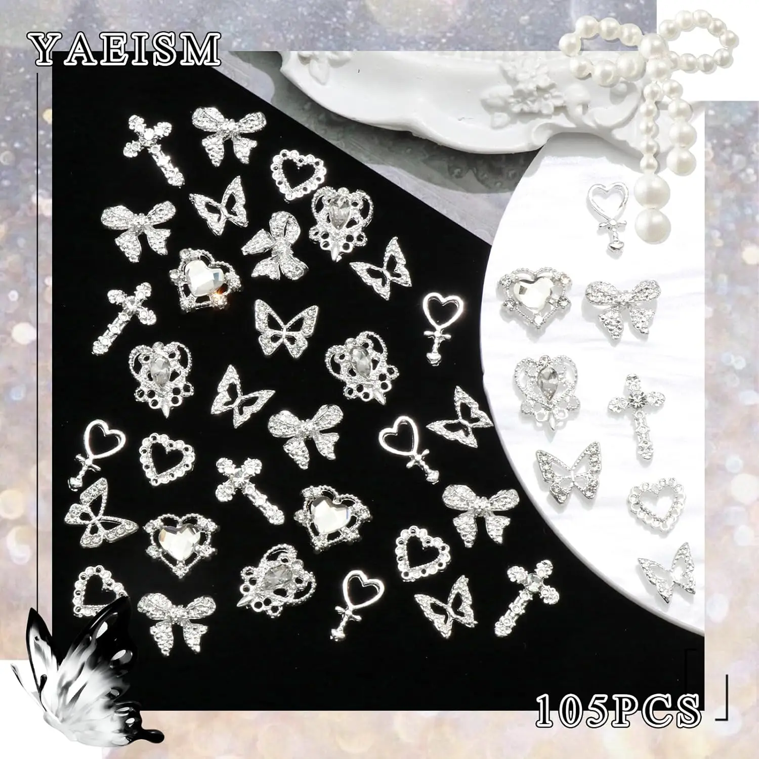 100PCS Silver Nail Charms 3D Bows for Nails 8 Shapes Butterfly Nail Charms Shiny Crystal Heart Nail Charms Alloy Silver Nail