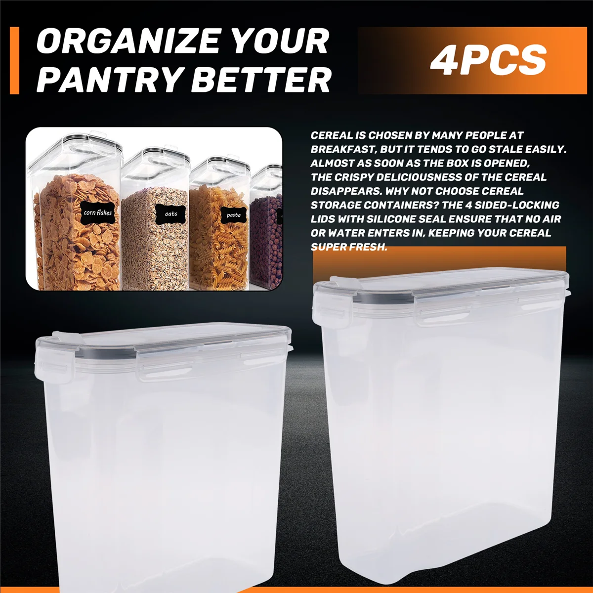 مجموعة حاويات تخزين الحبوب المكونة من 4 قطع، حاويات تخزين الطعام محكمة الغلق PP سعة 2.5 لتر للحبوب والوجبات الخفيفة والسكر