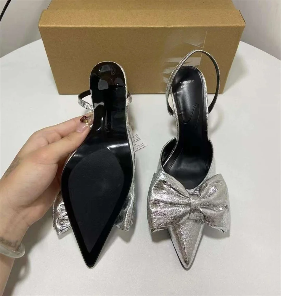 TRAF Woman Silvery Leather High Heels Sexy Pointed Toe Stiletto Shoes 2024 Autumn Female Elegant Office Slingback Pumps Heels