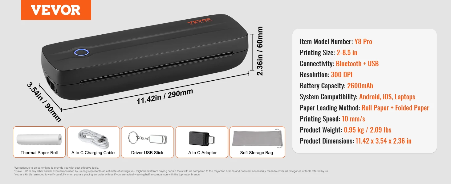 VEVOR طابعة حرارية متنقلة محمولة بدون حبر تعمل بالبلوتوث لبطارية A4 A5 بقدرة 11-2600 مللي أمبير في الساعة متوافقة مع أنظمة متعددة للمكتب المنزلي #6