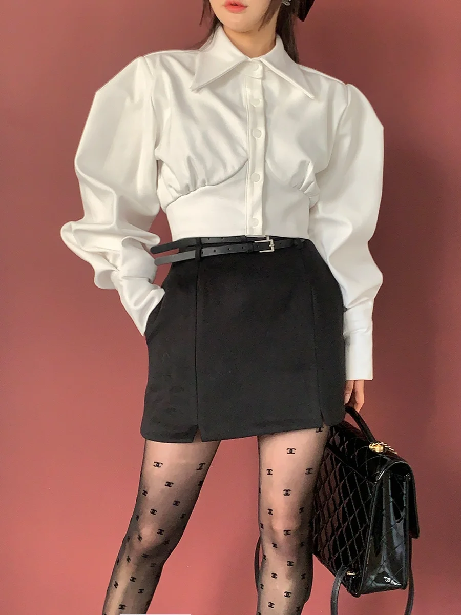 

Women's Bubble Sve irt Vintage Pointed Collar Single Button Pleated Waist Cinching ort Length Faionable Top