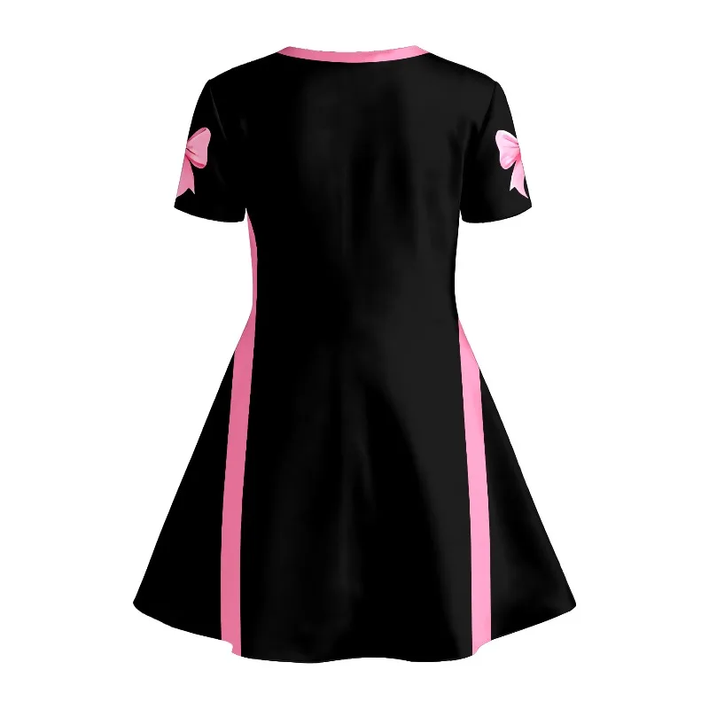 Mädchenkleid mit rosa Schleifenmuster für 6 oder 7 Jahre, schwarzes Freizeit-T-Shirt-Kleid für Kinder, geeignet für Geburtstagsfeiern und als Geschenk. – Detail 4
