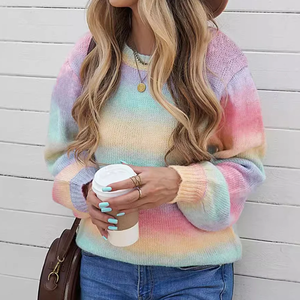 

Women's Rainbow Gradient Knitwear Loose round Neck Dropped Shoulder Fashionable Casual Autumn Winter European American Style