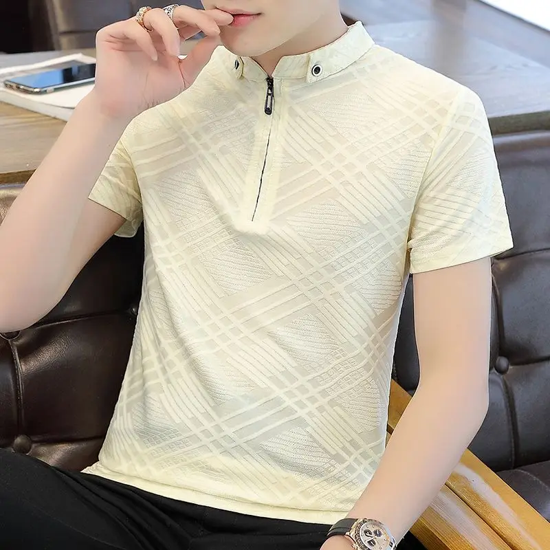 

Business Casual 2024 Summer Men's New Spliced Polo Shirt Zipper Hollow Out Rivet Fashion Solid Slim Short Sleeve T-shirt Tops