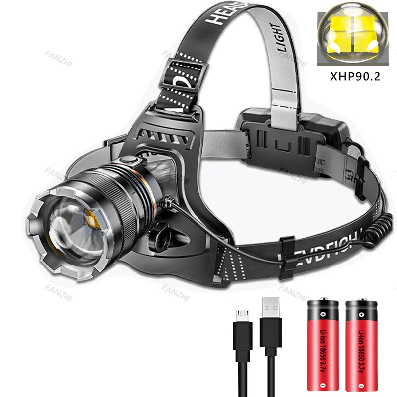 XHP90.2 Super Powerful Headlamp Rechargeable Head Flashlight High Power Head Lamp 1000Meters Headlight 2*18650 Fishing Lantern