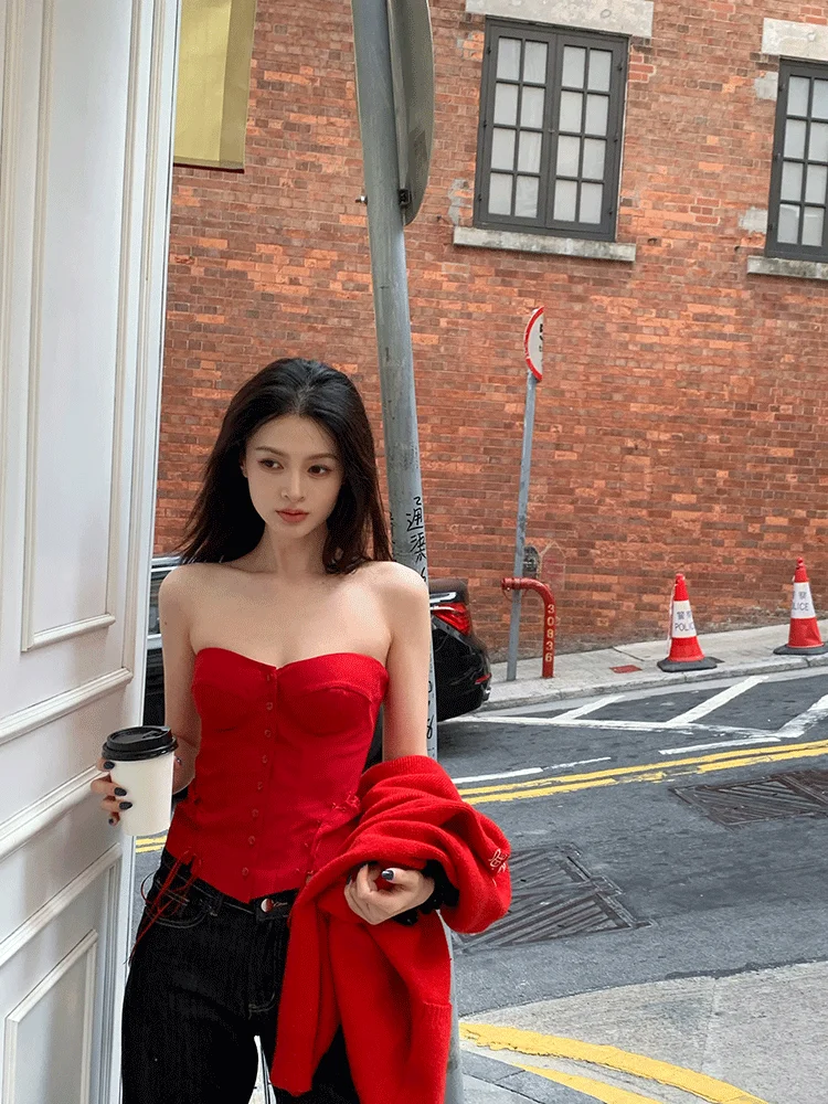 

Lienni Red White Rose 2025 New Year Slimming Svel Versatile Inner Wear Chest Wrap Women's Faionable Cotton Base Layer