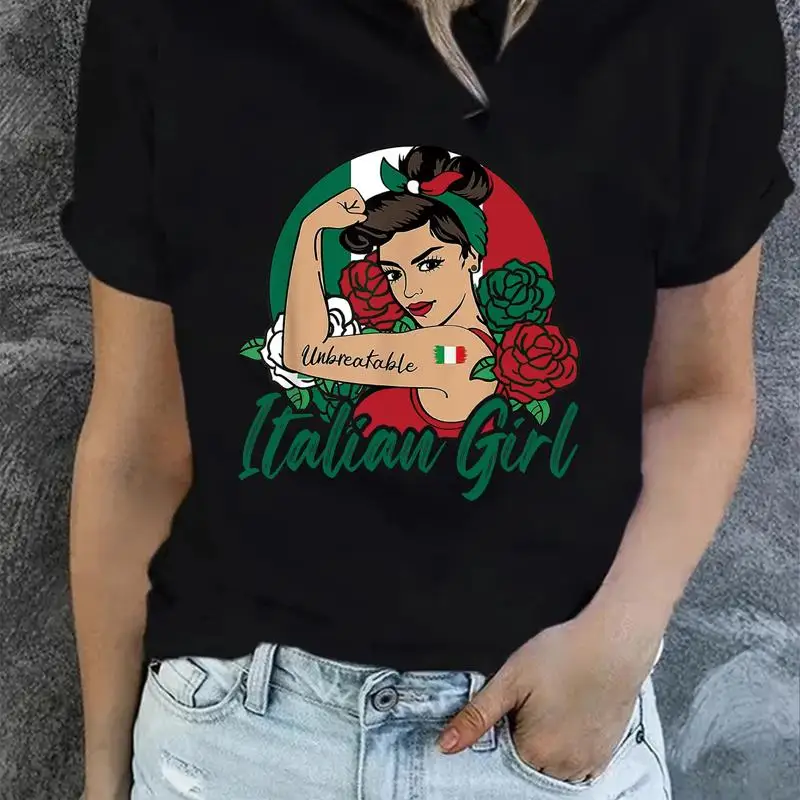 

Креативный дизайн, женская футболка с круглым вырезом и итальянской розой для девочек