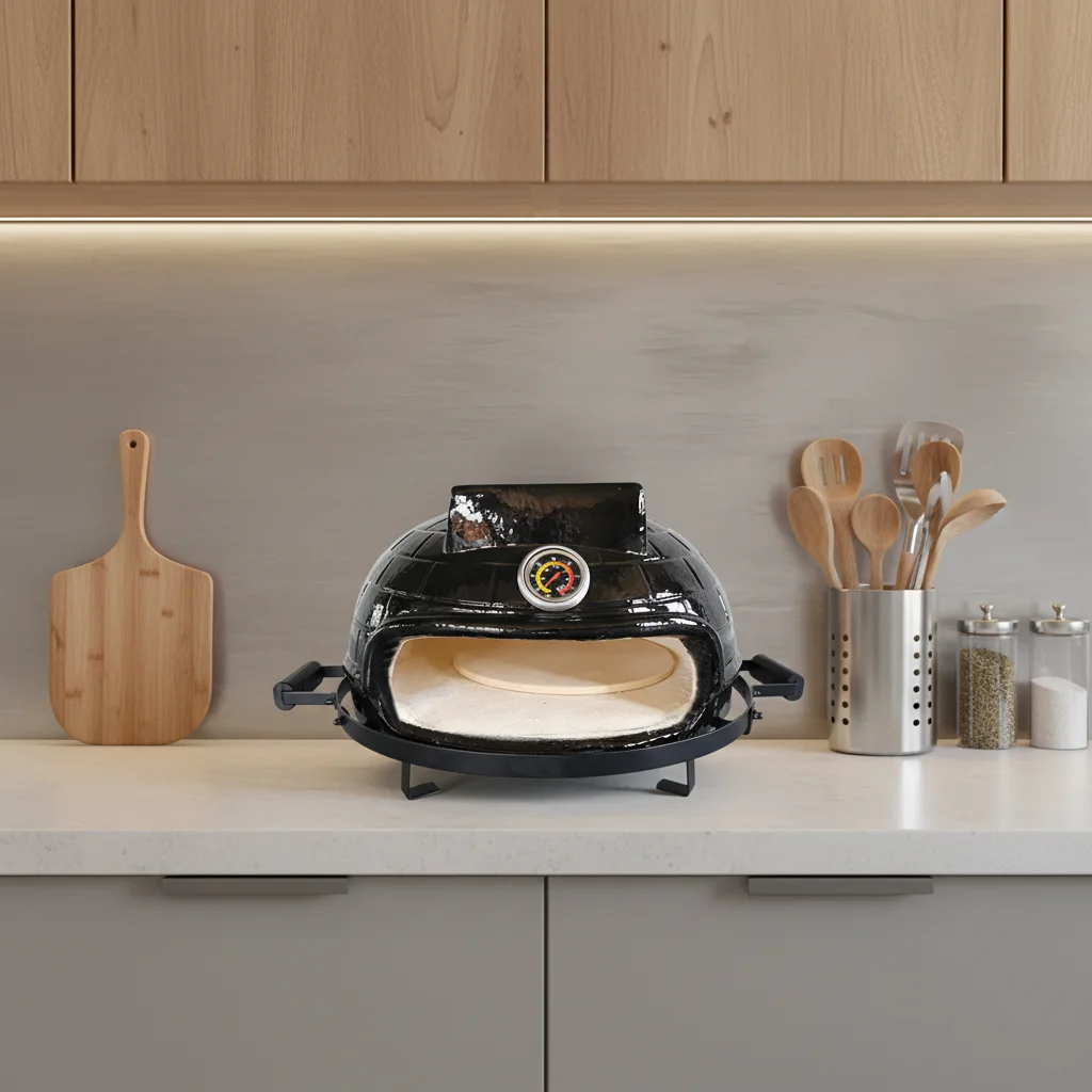 21-Inch Black Brick Pattern Ceramic Pizza Oven Wood-Fired Tabletop Porcelain Enameled Finish Trolley for Backyard