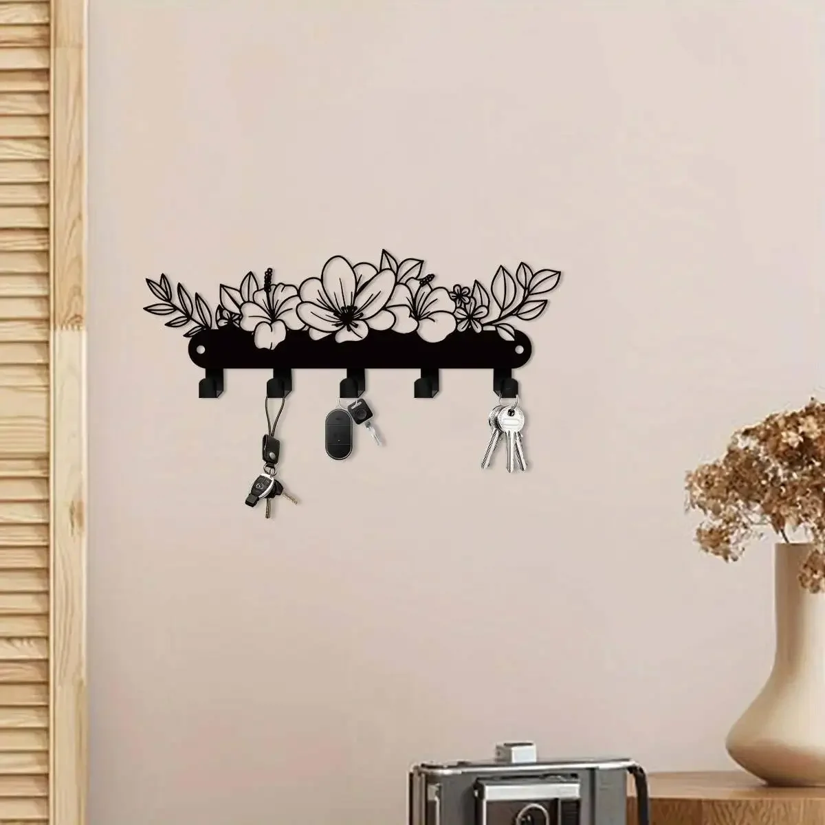 Böhmischer Wandschlüsselhalter mit Blumenstrauß, 7,87 Zoll großer Metall-Eingangsbereich-Organizer für Schlüssel und Zubehör, rustikales Büro, Küche, Badezimmer