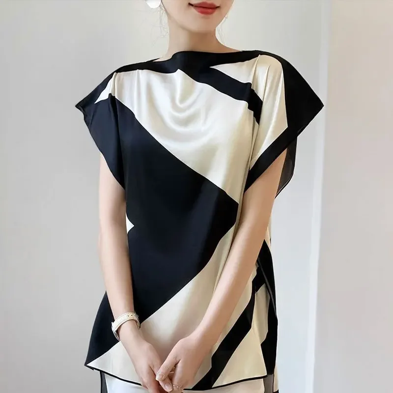 

Contrasting Colors Spliced Blouse Female Clothing Elegant Slash Neck Casual Summer Fashion Asymmetrical All-match Shirt E7584