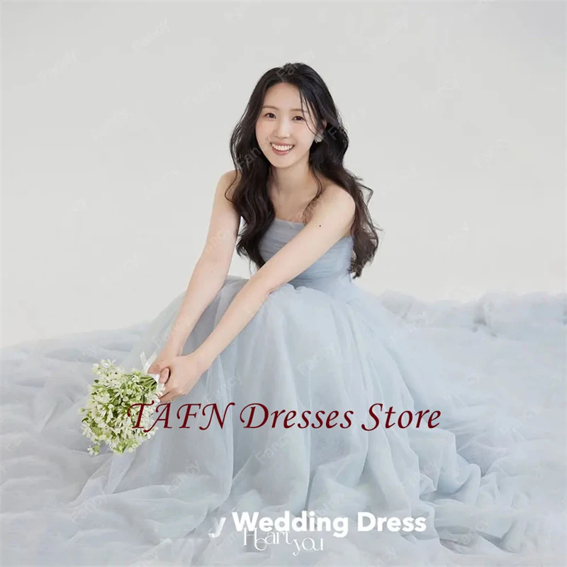 Tafn coreia luz azul vestido de casamento sessão de fotos uma linha tule vestido de noiva até o chão vestidos de festa de aniversário personalizados