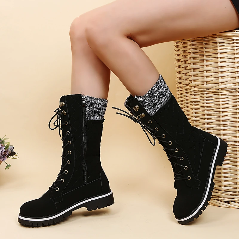

High-quality Winter Warm Boots Women's Winter Side-pull Lace-up Knitted Mid-tube Boots Low-heeled Round-toe Boots Botas De Mujer