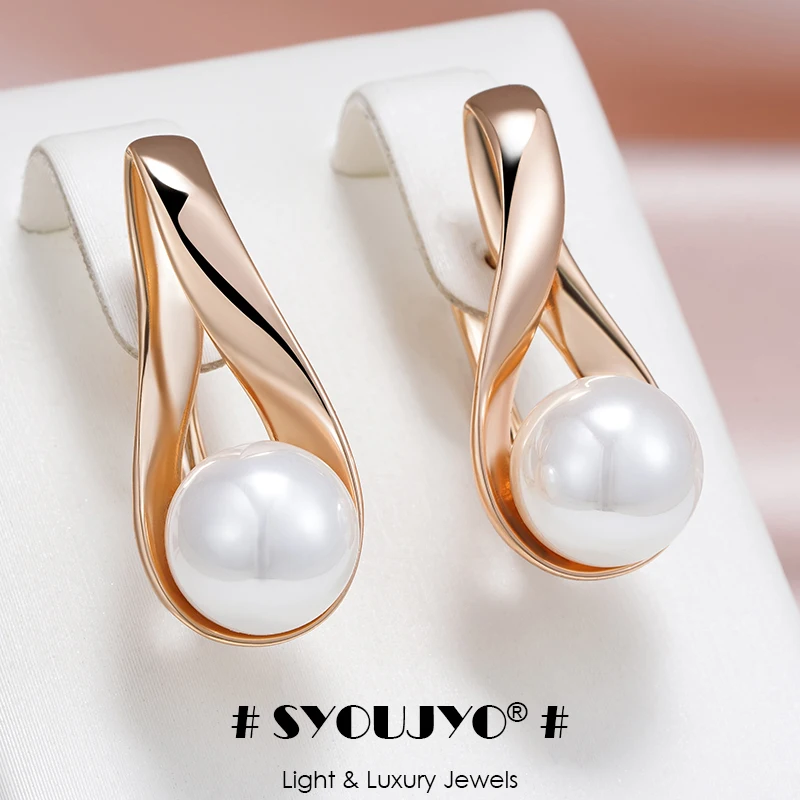 SYOUJYO Vintage Pearl Drop Earrings For Women 585 Rose Gold Color Bride Wedding Elegant Jewelry Memorial Day Gift