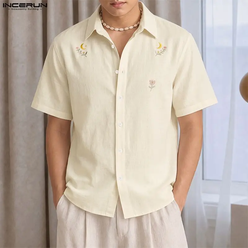 INCERUN Summer Men's Shirt Flower Embroidery Lapel Short Sleeve Men Clothes Loose Korean Style Casual Tops For Man 2026 S-5XL