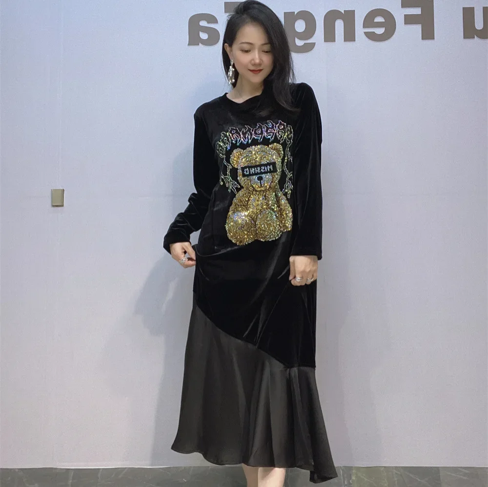 

Black Pleuche Long Dresses for Women Elegant Clothing O Neck Cartoon Diamonds Fishtail Skirt Vestidos De Mujer Casual Elegante