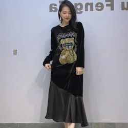 Black Pleuche Long Dresses for Women Elegant Clothing O Neck Cartoon Diamonds Fishtail Skirt Vestidos De Mujer Casual Elegante