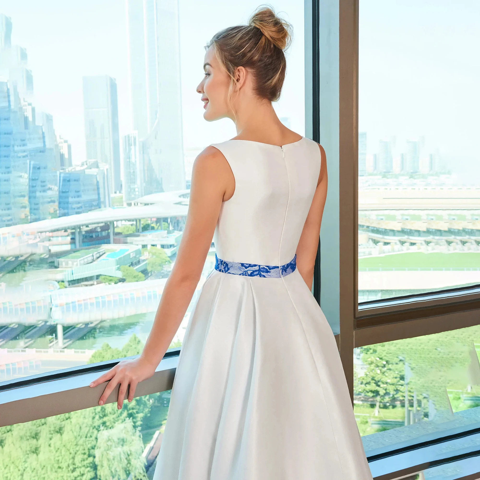 فساتين سهرة من الساتان الأبيض بدون أكمام لحفلات الزفاف، فستان على شكل حرف A، فستان حفلة موسيقية عالي ومنخفض، فساتين مناسبة مخصصة بالزهور باللون الأزرق #2