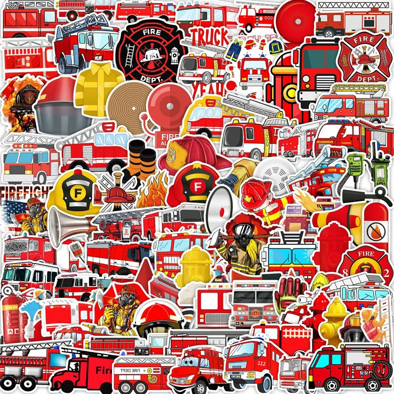 100 Pcs/set Fire Trucks Firefighters Fire Tools Cognitive Graffiti Stickers Creative Cup Luggage Decorative Notebook Sticker