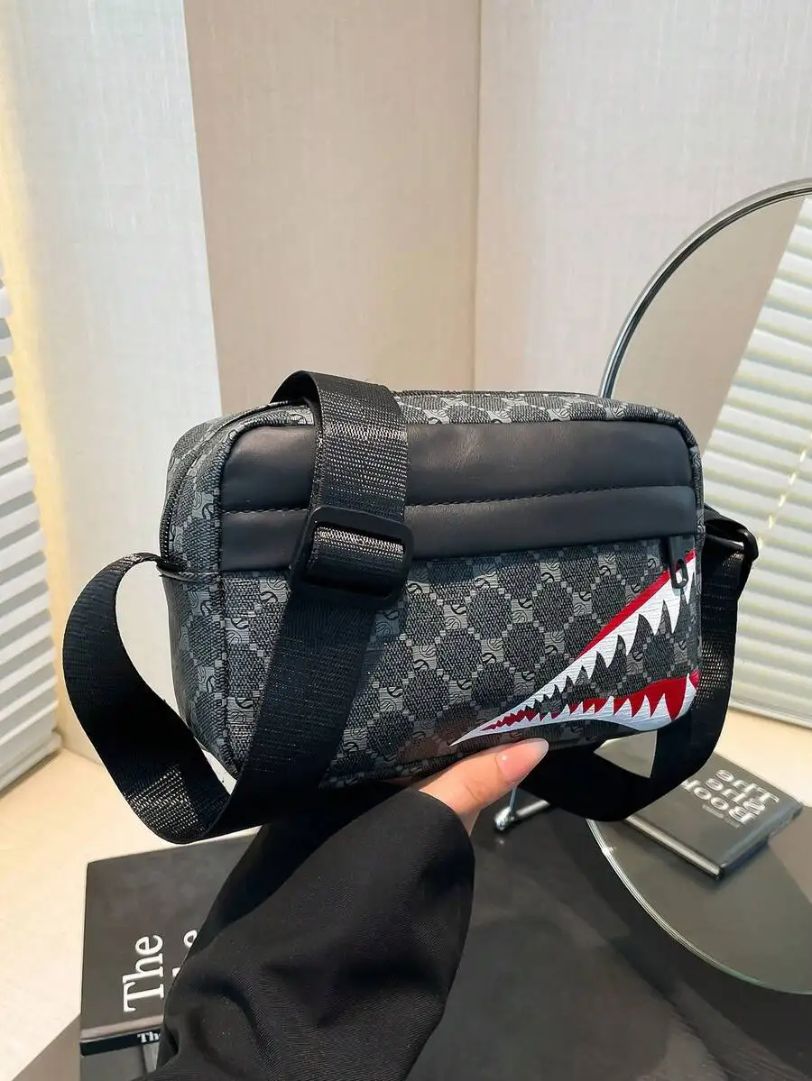 

Men's Square Crossbody Bag with Graphic Shark Teeth Print, Nylon