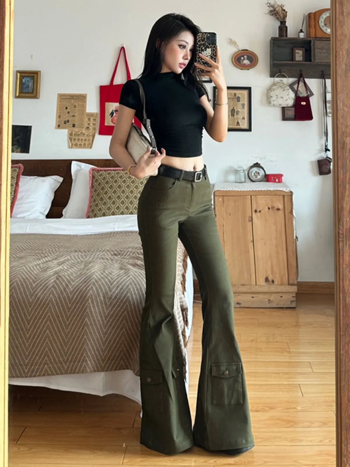 Women Green Academia Goblin Core Long Trousers Gyaru Goth Low Rise Flare Pants Y2K Streetwear Stretch Japanese Harajuku Grunge