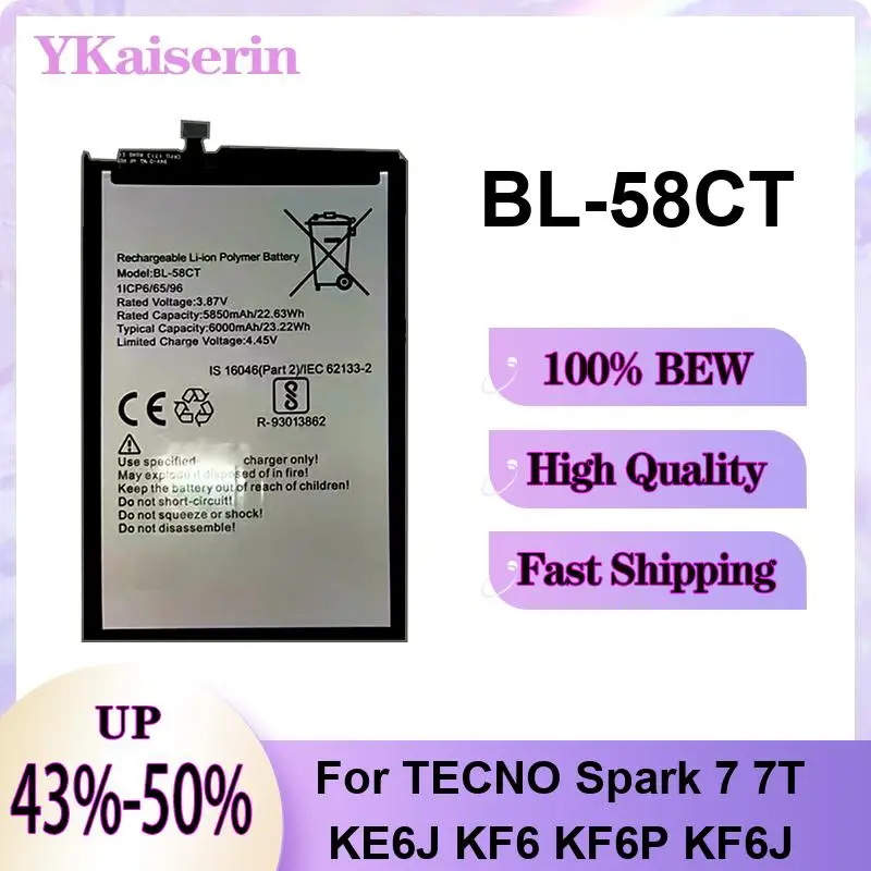 6000mAh Mobile Phone Battery Long Lasting For Tecno Spark 7 7T KE6J KF6 KF6P KF6J BL-58CT