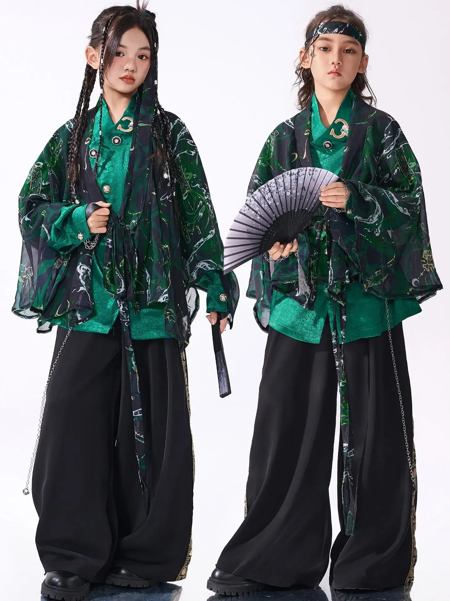 New Kids Modern Hanfu Style Hip Hop Jazz Dance Costumes Boys Girls Green Shirts Black Pants Chorus Stage Performance Wear