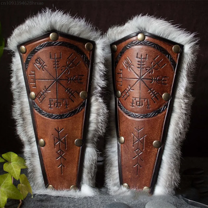 1Pcs Medieval Viking Knight Arm Gauntlets PU Leather Fur Armor Bracer Vambrace Knight Arm Guards Samurai Larp Bracers Cosplay