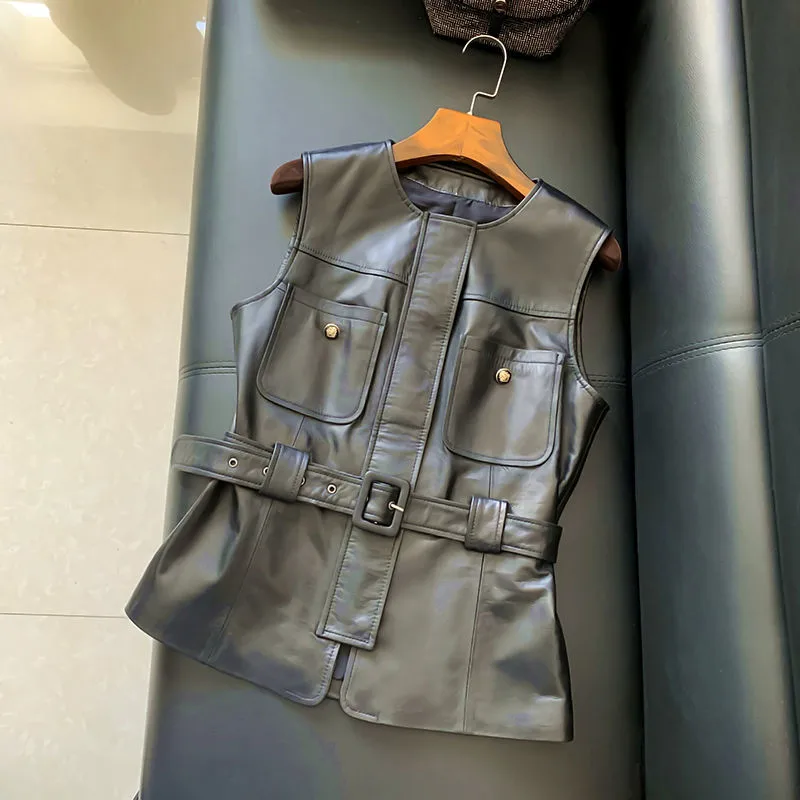 

Women PU Leather Vest Spring Autumn New Korean Fashion O-Neck Zipper Belt Tooling Sleeveless Jacket Ladies Slim Waistcoat T1555